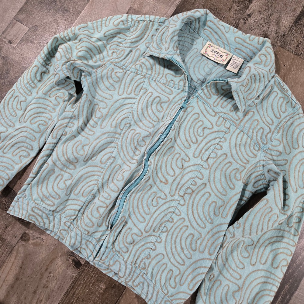 Tantrums Vintage Aqua Blue Cotton Swirl Embroidered Full Zip Jacket Womens PS